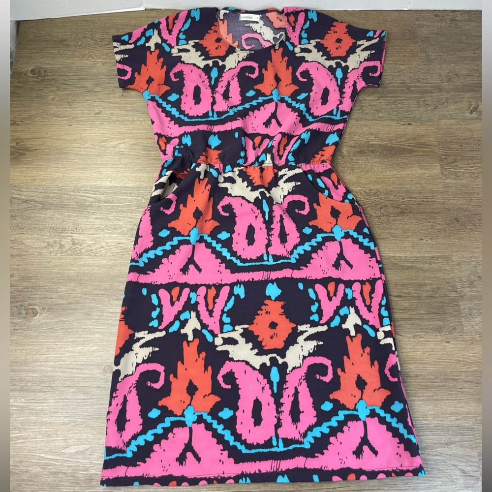 Junie Blake Women’s Short Sleeve Dress with Pockets, Navy Blue Pink Teal, small